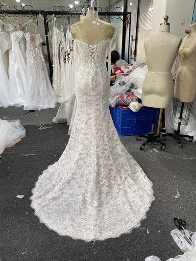 White Lace Mermaid Wedding Dress Off Shoulder Long Sleeve Corset Back