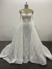 Lace Wedding Dress Column Pearls Long Sleeves Detachable Overskirt