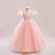 Бальное платье из тюля с пышными рукавами и пайетками, розовое платье принцессы для свадебной вечеринки, платье с цветочным узором для девочек