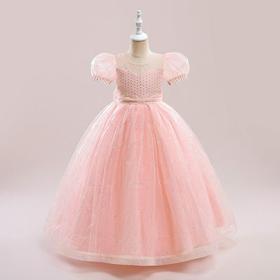 Puffy Sleeve Sequin Tulle Ball Gown Pink Princess Wedding Party Flower Girl Dress