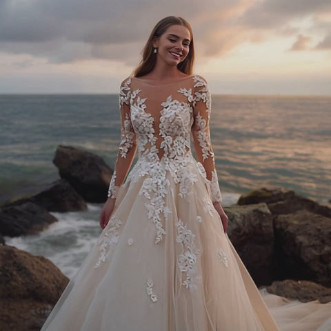 lace long sleeve a line wedding dress Sparkly A-Line perfectly showing the nobility and beauty of the bride Gorgeous Long Sleeves A-line Wedding