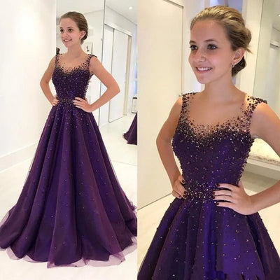 Vestido de fiesta con escote redondo, espalda de ilusión, sin mangas, corte en A, hasta el suelo, color morado, cristal