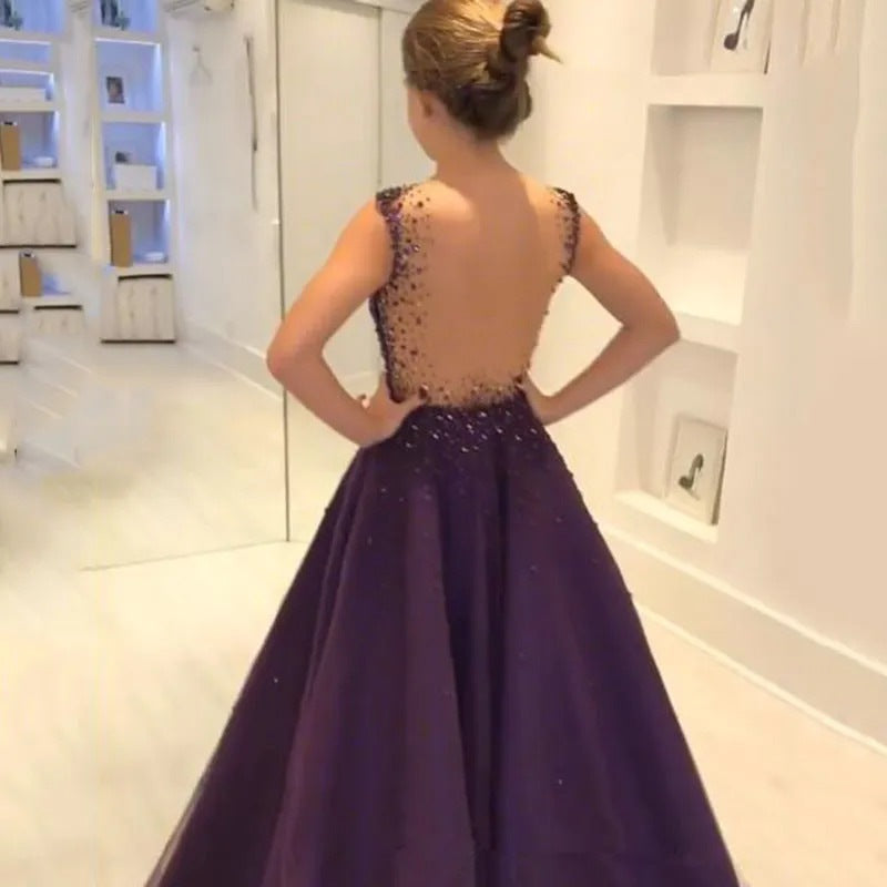 Scoop Neck Illusion Back Sleeveless A-line Floor Length Purple Stain Prom Dress, Crystal