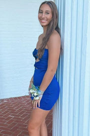 Strapless Sweetheart Keyhole Pleated Satin Short Mini Tight Party Homecoming Dress