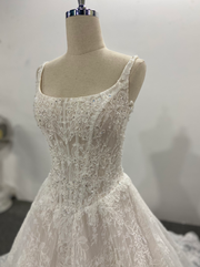 Beaded A-line Lace Wedding Dress Scoop Neck Sleeveless Ivory In Stock