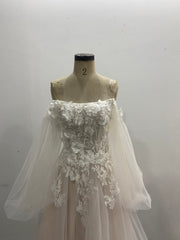 Off Shoulder Tulle Wedding Dress 3D Floral Lace Puff Long Sleeves A-line
