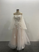 Off Shoulder Tulle Wedding Dress 3D Floral Lace Puff Long Sleeves A-line