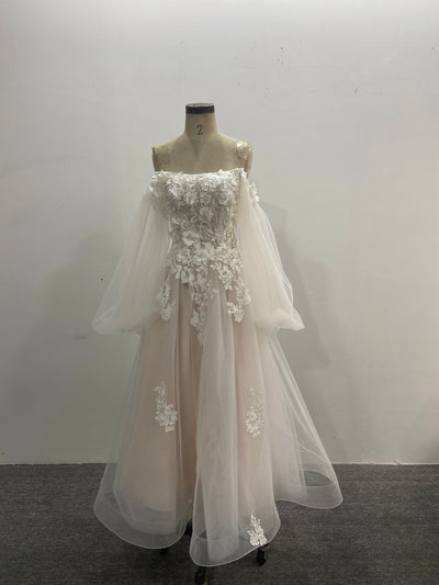Off Shoulder Tulle Wedding Dress 3D Floral Lace Puff Long Sleeves A-line