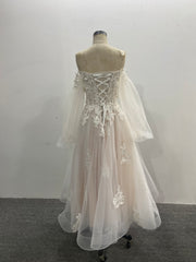 Off Shoulder Tulle Wedding Dress 3D Floral Lace Puff Long Sleeves A-line