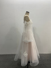Off Shoulder Tulle Wedding Dress 3D Floral Lace Puff Long Sleeves A-line