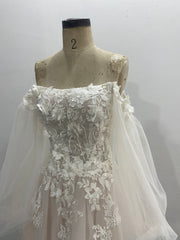 Off Shoulder Tulle Wedding Dress 3D Floral Lace Puff Long Sleeves A-line
