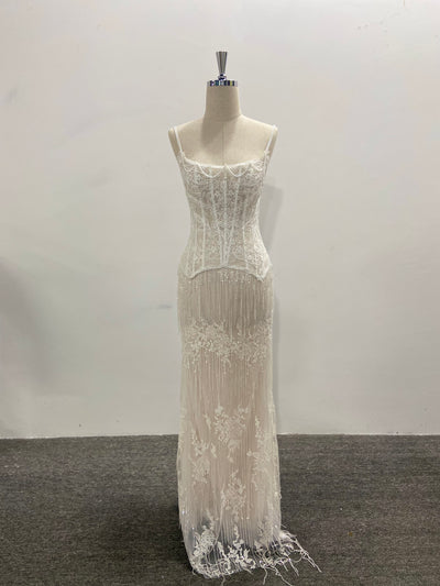 Beaded Lace Two Pieces Set Wedding Dress Fringe Sheer Corset Spaghetti Strap