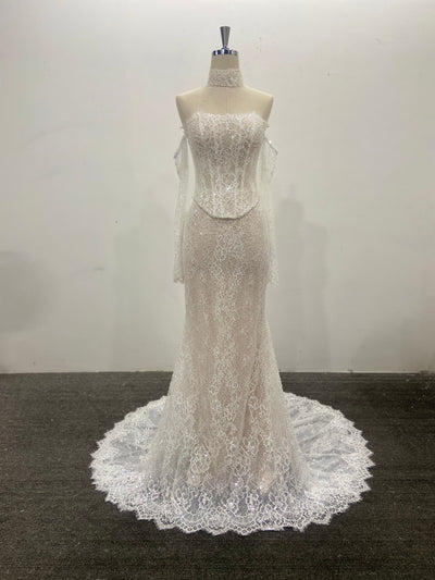 Mermaid Wedding Dress Sparkling Sequined Lace Off Shoulder Scalloped Trim