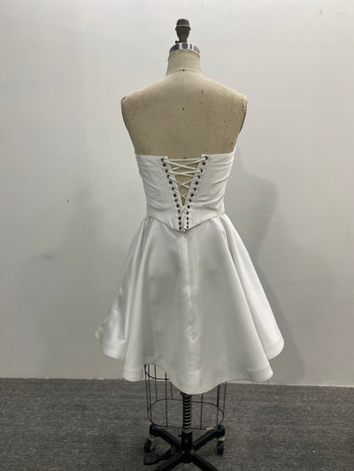 Strapless Mini Bridal Gown Ivory Satin Short Ruched A-line Corset Back