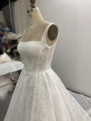 Lace A-Line Wedding Dress Square Neck Sleeveless Corset Back Chapel Train
