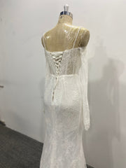 Lace Wedding Dress Column Pearls Long Sleeves Detachable Overskirt