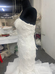 Ruffled Mermaid Wedding Dress Strapless 3D Floral Lace Organza Skirt Corset Back