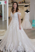 White Lace Tulle Off Shoulder Tassel A-Line Long Wedding Dress