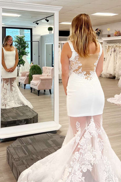 White Spliced Square Neck Trumpet Long Wedding Dress