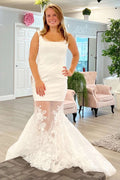 White Spliced Square Neck Sleeveless Trumpet Long Wedding Dress