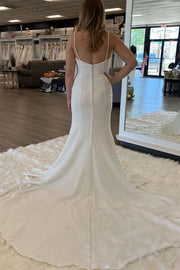 White Plunge V Spaghetti Straps Long Wedding Dress