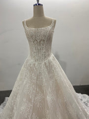 Lace A Line Wedding Dress Square Neck Spaghetti Strap Beaded Corset Chapel Train