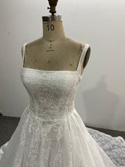 Lace A-Line Wedding Dress Square Neck Sleeveless Corset Back Chapel Train