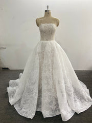 A-Line Lace Wedding Dress Strapless Sheer Bodice Floral Embroidery Lace-Up Corset
