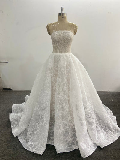 A-Line Lace Wedding Dress Strapless Sheer Bodice Floral Embroidery Lace-Up Corset
