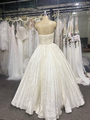 Strapless Pleated Wedding Dress Ball Gown White Satin Corset Back