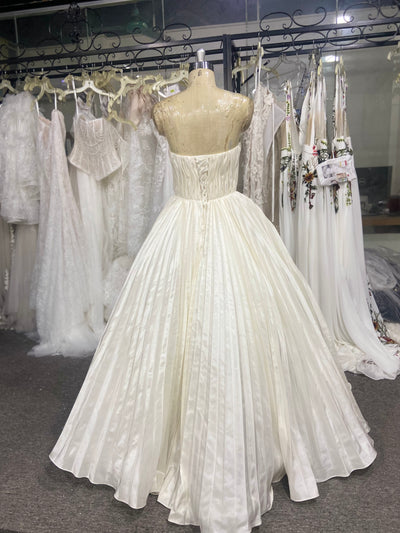 Strapless Pleated Wedding Dress Ball Gown White Satin Corset Back
