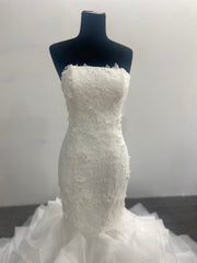 Ruffled Mermaid Wedding Dress Strapless 3D Floral Lace Organza Skirt Corset Back