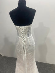 Strapless Mermaid Lace Wedding Dress Beaded Bodice Corset Back Sweep