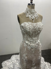 Strapless Mermaid Wedding Dress 3D Floral Lace Removable High Neck Collar
