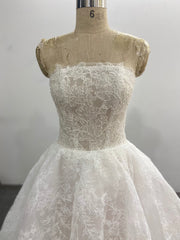 A-Line Lace Wedding Dress Strapless Sheer Bodice Floral Embroidery Lace-Up Corset