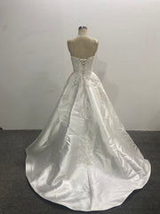 Strapless Satin Wedding Dress Beaded Lace Appliques Pleated Court