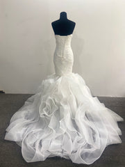 Ruffled Mermaid Wedding Dress Strapless 3D Floral Lace Organza Skirt Corset Back