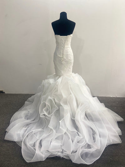 Ruffled Mermaid Wedding Dress Strapless 3D Floral Lace Organza Skirt Corset Back