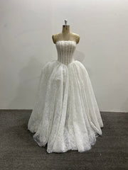 Strapless Lace Ball Gown Wedding Dress Princess Corset Back Ivory Pleated