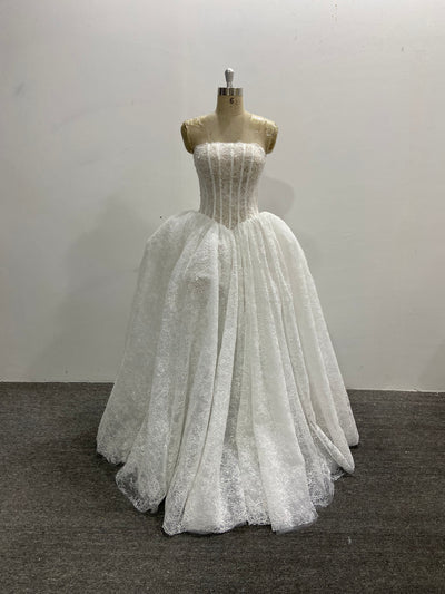 Strapless Lace Ball Gown Wedding Dress Princess Corset Back Ivory Pleated