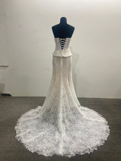 Lace Two Piece Mermaid Wedding Dress Ivory Strapless Beaded Corset Back
