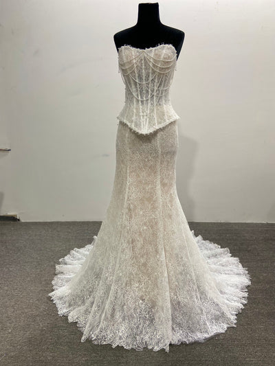 Lace Two Piece Mermaid Wedding Dress Ivory Strapless Beaded Corset Back