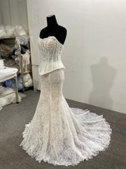Lace Two Piece Mermaid Wedding Dress Ivory Strapless Beaded Corset Back