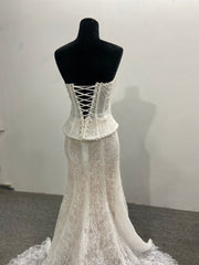 Lace Two Piece Mermaid Wedding Dress Ivory Strapless Beaded Corset Back