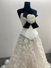 2 Pieces Set Wedding Dress Strapless 3D Floral Tulle Skirt A-line Bow Flower