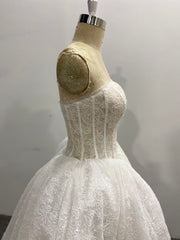 Strapless Lace Ball Gown Wedding Dress Princess Corset Back Ivory Pleated