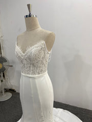 Strapless Mermaid Wedding Dress Ivory Lace Satin Pearl Chain Straps Court