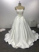 Strapless Satin Wedding Dress Ball Gown Lace Appliqued Bodice Pleated Chapel