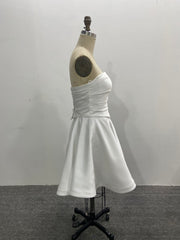 Strapless Mini Bridal Gown Ivory Satin Short Ruched A-line Corset Back