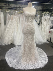 Beaded Lace Wedding Dress Mermaid Strapless Sweetheart Corset Chapel Train